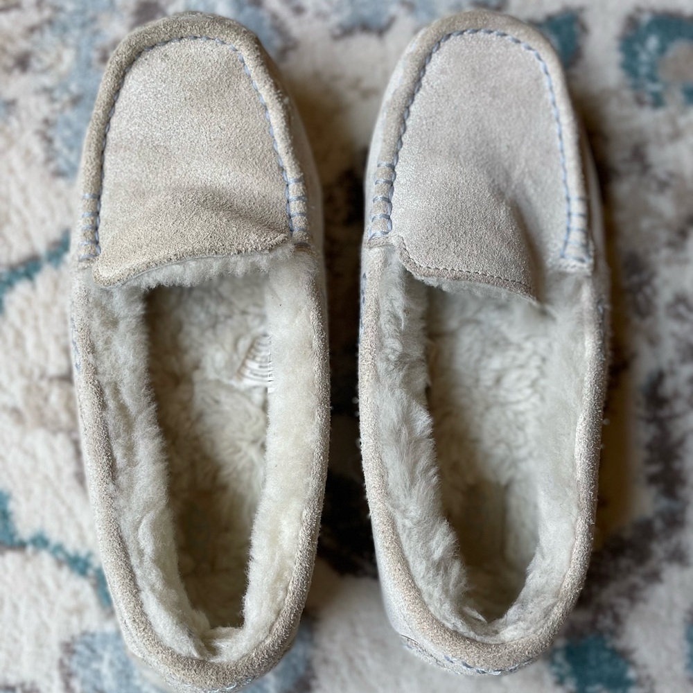 UGG “Ansley” white shimmer loafer style slippers